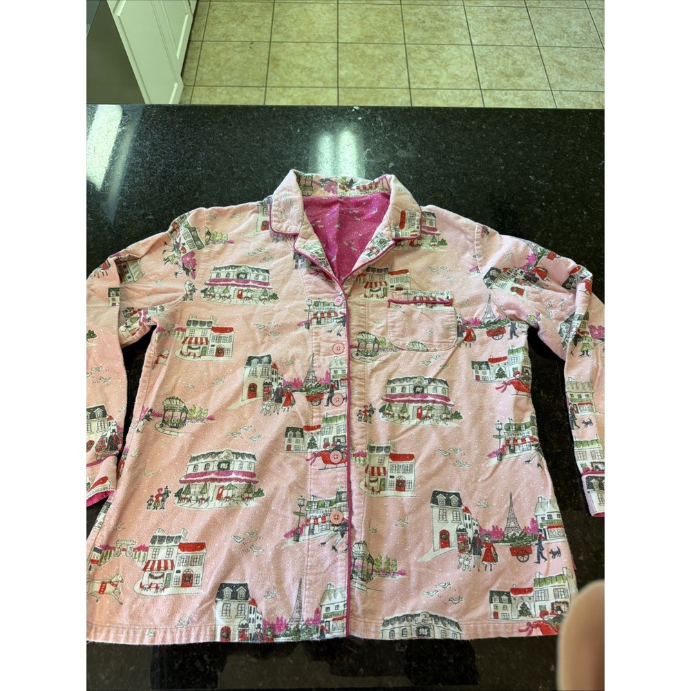 Nick & Nora Flannel Pajama Top Shirt Winter In Paris Pink Poodles Sz M Top Only
